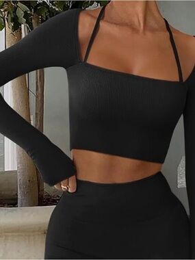 Laslulu Womens Sexy Halter Neck Crop Top Seamless Long Sleeve Workout Tops